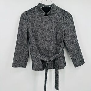 Club Monaco Size XS Black & White Herringbone Tie Waist Lined  Wool Jacket